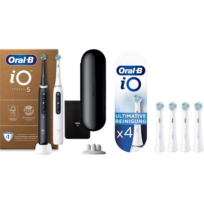 Електрична зубна щітка Oral-B iO Series 5 Plus Edition, матова чорна/повністю біла щітки для чищення та щітки для чищення iO Ultimate, неперевершене чищення зубів з технологією iO, комплект із 4 предметів зі щітками для чищення Ultimate Cleaning