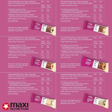 Різновидів (12 батончиків x 45 г), кожен різновид містить щонайменше 14 г білка на батончик, низький вміст цукру, без доданого цукру, без штучних ароматизаторів, 6