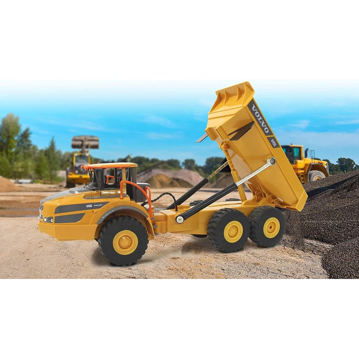 Позашляховий самоскид Volvo A40G 120 2,4GHz - реалістичне рульове управління, підйом/опускання кузова, реалістичний звук двигуна (з можливістю вимкнення), демонстраційний режим, повний привід, автоматичний режим очікування, жовтий, 405056