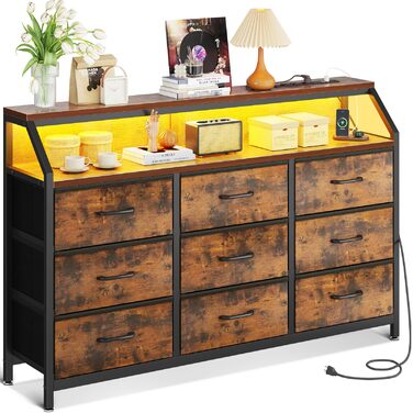 Комод ODK, комод з 2 розетками, 2 USB-портами та світлодіодною стрічкою, що змінює колір, з 9 тканинними шухлядами, підходить для спальні, вітальні, вінтажний колір