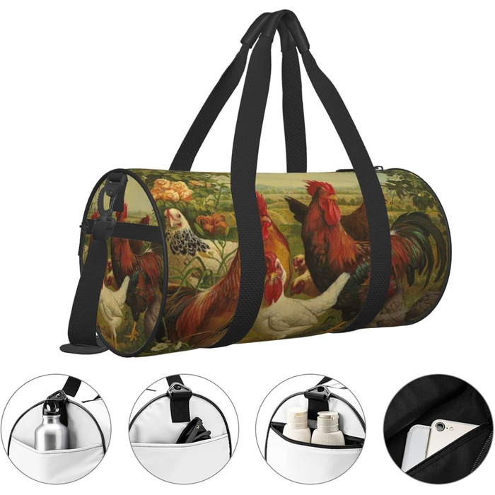 Спортивна сумка для подорожей, дизайн кури та ферма, чорний колір, універсальний розмір, дорожня сумка