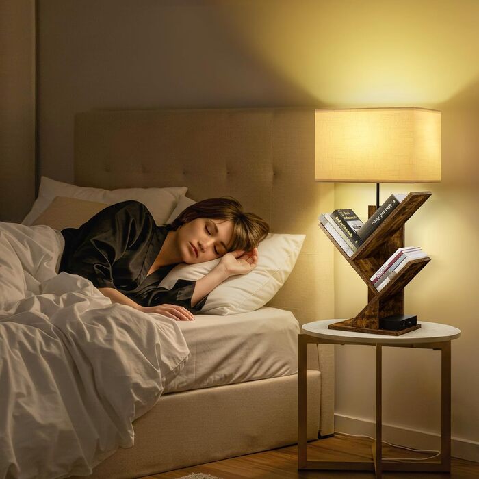 Книжкова полиця GOOGO у формі дерева з підсвічуванням та зарядною станцією, 4-рівнева окремостояча полиця для книг та компакт-дисків, 3 колірні температури, настільна книжкова полиця для вітальні, спальні та домашнього офісу (коричнева)