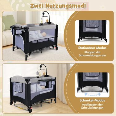 Дорожнє ліжечко з матрацом, дитяче ліжечко 5-в-1 з колесами, пеленальний килимок та музичний мобіль, дитяче ліжечко 110x76 см з сумкою для перенесення, для новонароджених та немовлят (сірий)
