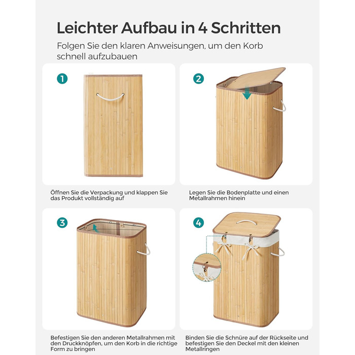 Кошик для білизни з кришкою, 72 л, бамбуковий, складаний, зі знімним мішком для прання, з ручками, для пральні, спальні, колір дер