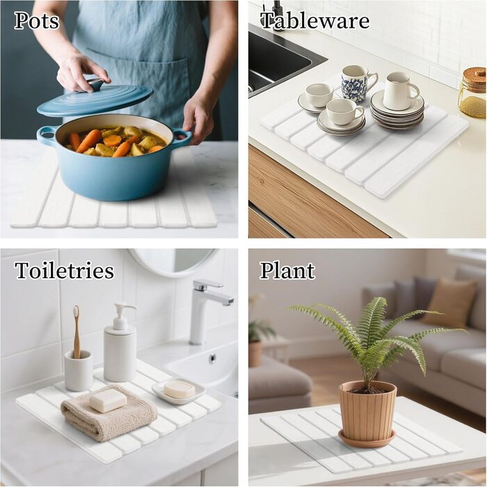 Килимок для сушки посуду THMINS з каменю, 30x40 см, складний діатомовий килимок для сушіння кухні, водопоглинаючий та швидковисихаючий, нековзний, термостійкий килимок для сушки посуду для раковини/чашок/столових приборів, білий 30 x 40 см, білий