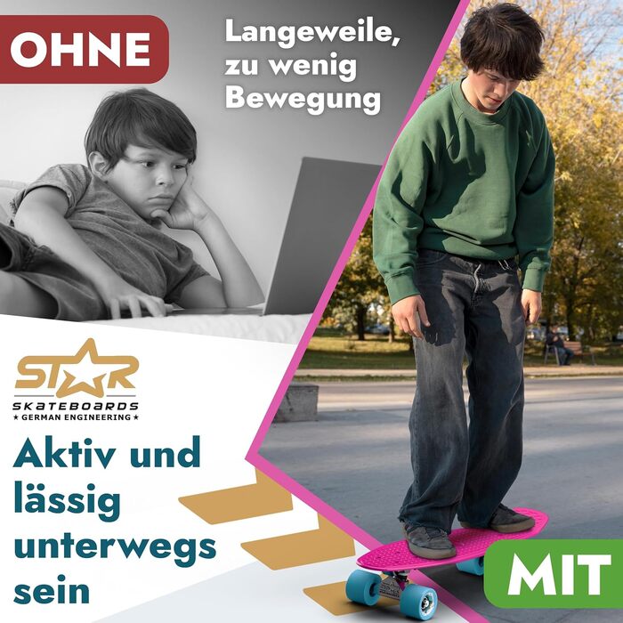 Скейтборд BIKESTAR Vintage Retro Cruiser 60 мм - круїзерний скейтборд для дітей та дорослих, початківці від 6-8 років, ретро дизайн Berry & Blue