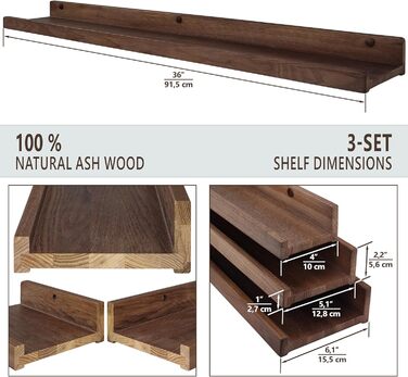 Настінна полиця ручної роботи 90 см, дерев&39яна настінна полиця, комплект з 3 предметів, підвісна полиця, настінна полиця, сучасна плаваюча полиця, вузька рейка для картин для ванної кімнати, вітальні, кухні, спальні (горіх) 91,5 x 15,5/12,8/10 см (компл