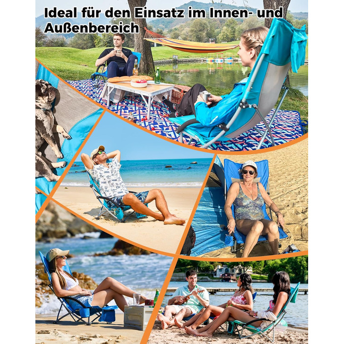 Низький складний пляжний стілець KingCamp, легкий, витримує до 180 кг, складний пляжний стілець із сітчастою спинкою, тримачем для напоїв та сітчастою кишенею, легкий складний кемпінговий стілець, складний стілець для пляжного кемпінгу Hr 2 шт., синє сітч