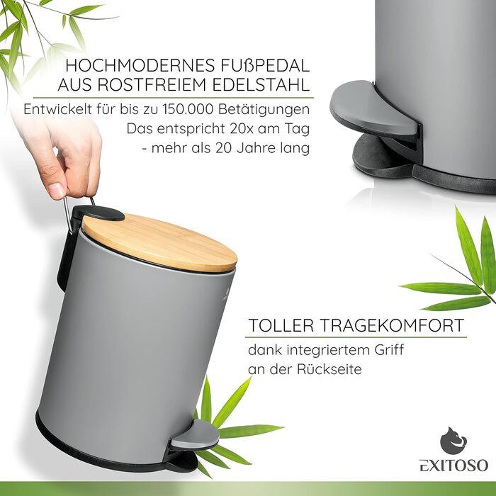 Маленький сміттєвий бак Ванна кімната сіра - Косметичне відро 3 л бамбукове нековзне - педальне відро для сміття Ванна кімната з н