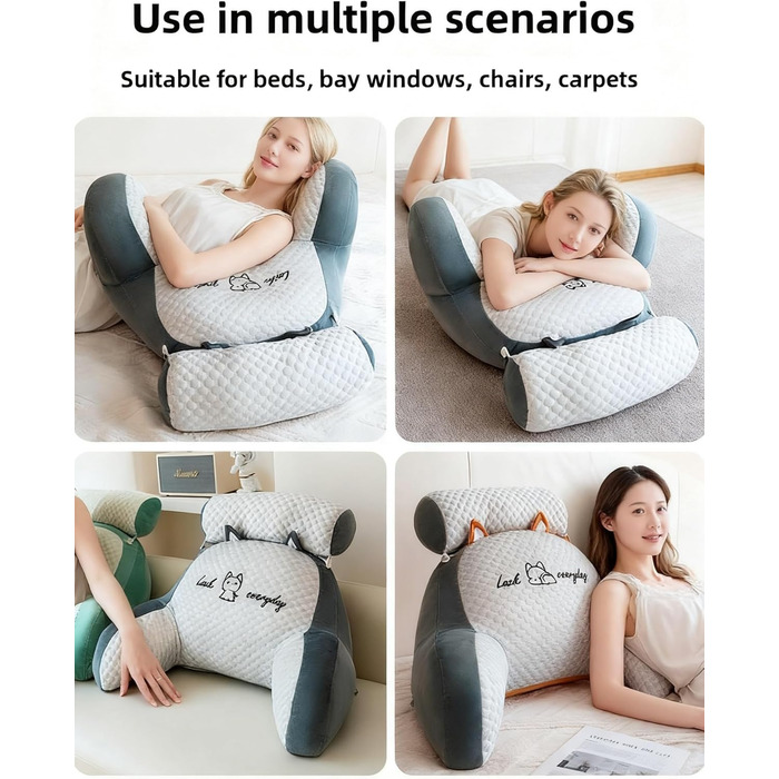 Подушка для спинки ліжка та дивана з підлокітниками. Ергономічна подушка для читання для дорослих. Дихаюча подушка для читання зі знімним чохлом. Для читання та роботи (сірий оксамит, 80 x 60 см). Сірий оксамит 80 x 60 см