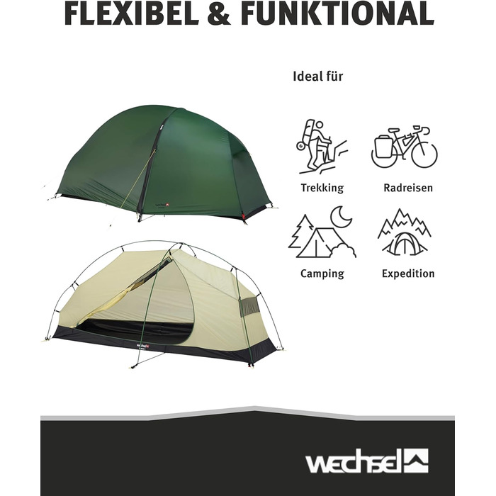 Трекінговий намет Wechsel Exogen 1/2 I Легкий намет для 1 особи / 2 осіб I Ультралегкий намет I Компактний, швидко встановлюється та портативний I Намет для кемпінгу, походів та перевезення велосипедів 1 ОСІБ.