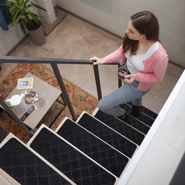 Сходинки для дерев&39яних сходинок, 15 шт. , 20,3 x 76,2 см, килим, сходова доріжка, для використання в приміщенні, нековзні килимки для сходів для дітей, людей похилого віку та домашніх тварин, 8x30 дюймів, квітковий/чорний 15