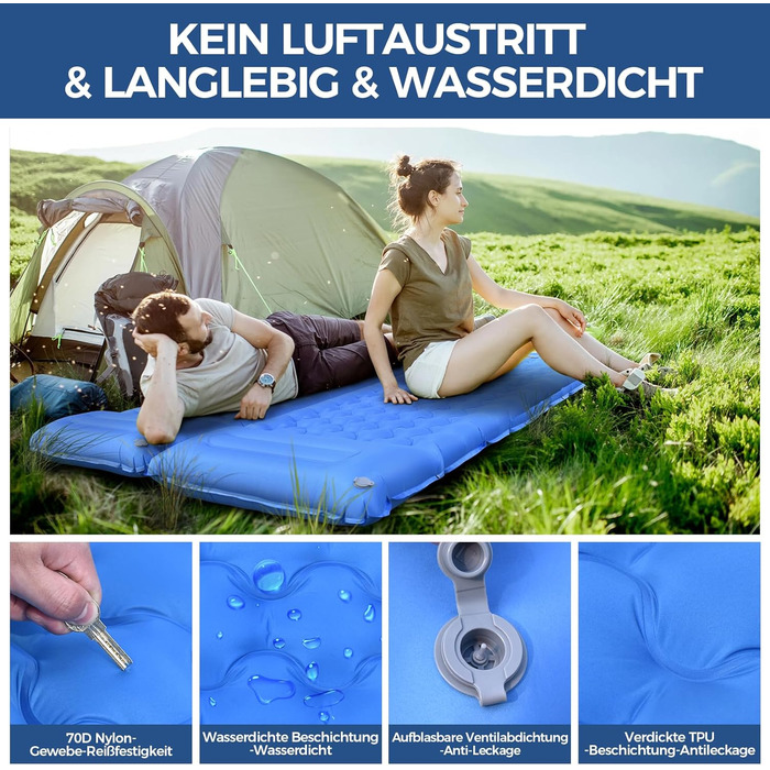 Килимок для сну NAPASA, потовщений надувний матрац 14 см із вбудованим насосом для ніг та подушкою, водонепроникний, килимок для сну з антипіреновим покриттям для походів, пляжу, подорожей, намету (синій) 3 шт. нашивки - синій