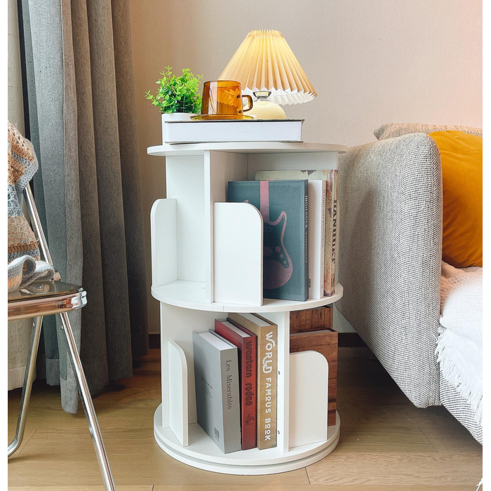 Обертова книжкова полиця Heehee з масиву дерева, підлогова полиця для зберігання на 360 градусів для дітей та дорослих, багатофункціональний органайзер для книжкової полиці (2-рівневий білий)