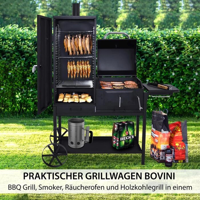 Syntrox Smoker Klavor з коптильнею, грилем барбекю, грилем на вугіллі. Гриль коптильні, сталь, листова сталь з вогнезахисним лаком, камера гриля і коптильня, дерев'яні ручки, дверцята з золи із засувкою