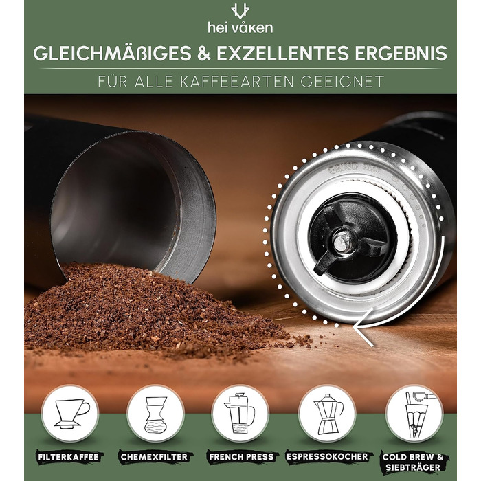Ручна кавомолка HEI Vken з конічною кавомолкою - Регульований помел - Ручна кавомолка з нержавіючої сталі для дому та в дорозі