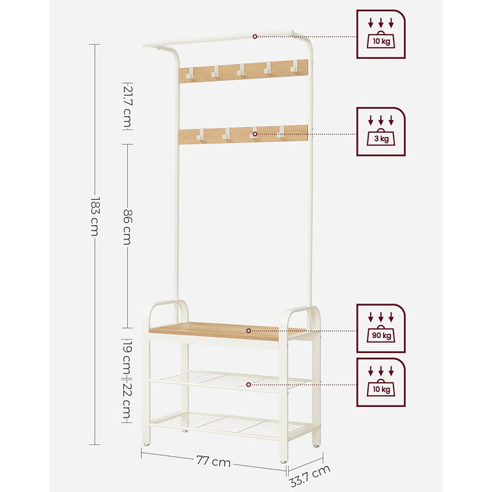 Вішалка для одягу VASAGLE, Шафа з лавкою для взуття, Дизайн 4-в-1, 9 знімних гачків, Штанга для одягу, Вхідна зона, Коридор, 33,7 x 72 x 183 см, Сучасний, Дубово-білий HSR40W 72B см Кремовий