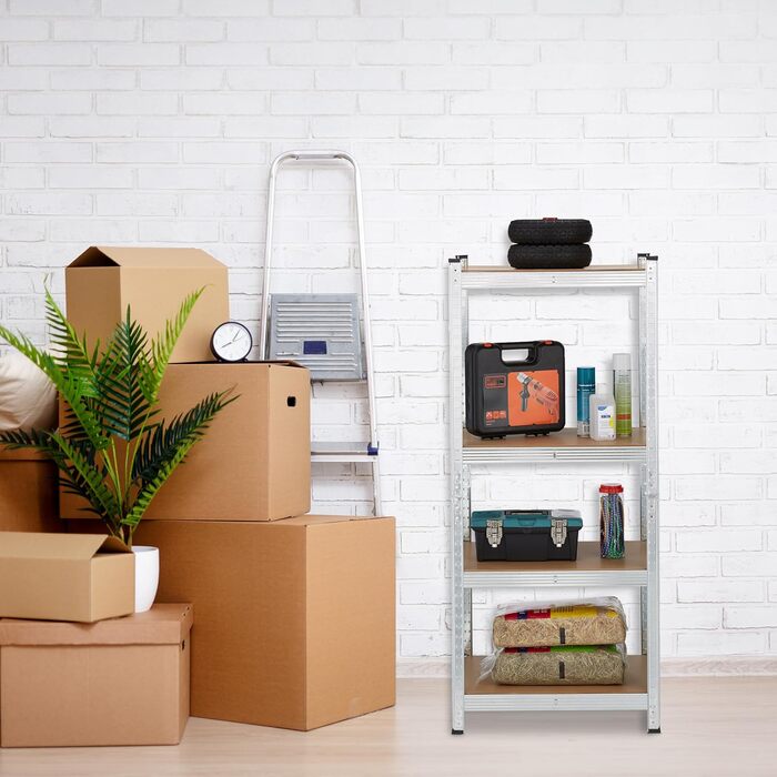 Міцний стелаж Relaxdays, ВxШxГ 138x60x40 см, 200 кг, сталь, 4 полиці, полиця для зберігання, для підвалу, гаража, підключається до мережі, сріблястий