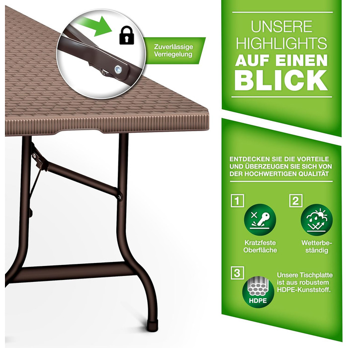 Складаний садовий стіл tillvex, вигляд з ротанга, 180x75 см Буфетний стіл з ручкою для перенесення Складаний стіл для саду, патіо та балкону Кемпінговий стіл на 6 осіб, коричневий