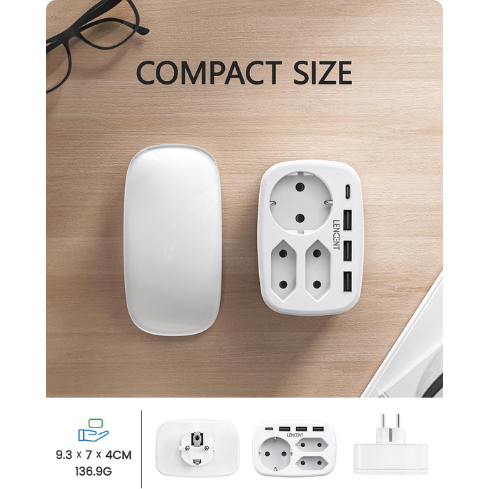 Розетка 7 в 1 адаптер для декількох розеток, 3 відділення подвійний євро і 1 вилка Schuko з 3 USB і USB-C з'єднаннями, подвійна ви