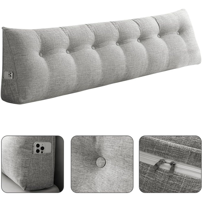 Подушка для спини OHMG, клиноподібна, підходить для ліжка та дивана, подушка для читання та поперекового відділу хребта, подушка зі знімним ремінцем для шиї та чохлом, який можна прати, практична бічна кишеня (світло-сірий, 200 x 50 x 20 см) Світло-сірий 
