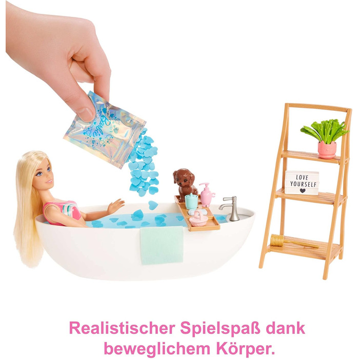 Серія Barbie Self-Care, ванна з конфетті, лялька Barbie зі світлим волоссям, купальник, цуценя, 2 набори мила Confetti, аксесуари