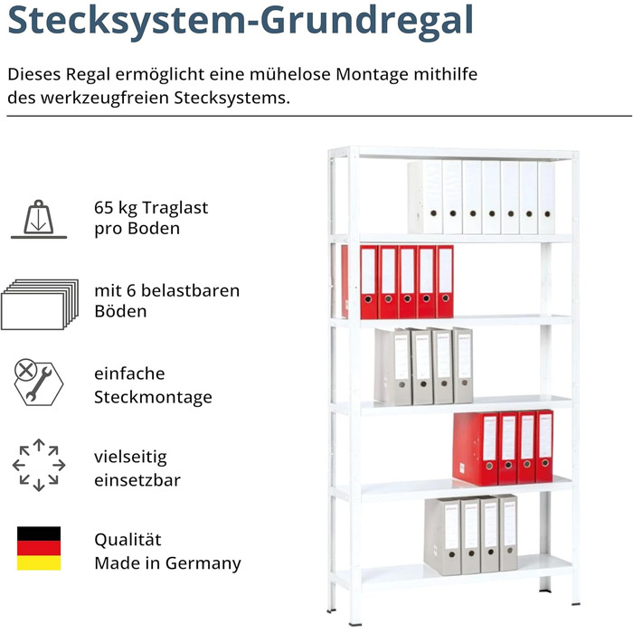 Підключаємий офісний стелаж SCHULTE Shelf World з 6 полицями PowerMAX, вантажопідйомність 65 кг, 200x100x30 см (ВxШxГ), білий, стелаж для зберігання, стелаж для майстерні, стелаж для підвалу, стелаж для гаража, металевий стелаж