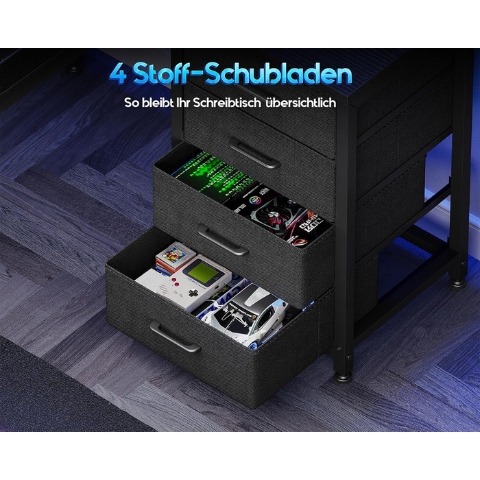 Ігровий стіл Coleshome зі світлодіодним освітленням, 130 x 100 см, двосторонній ігровий стіл з шухлядами та розетками, кутовий стіл з відділенням для зберігання та місцем для зберігання, чорний 130 x 100 см, чорний