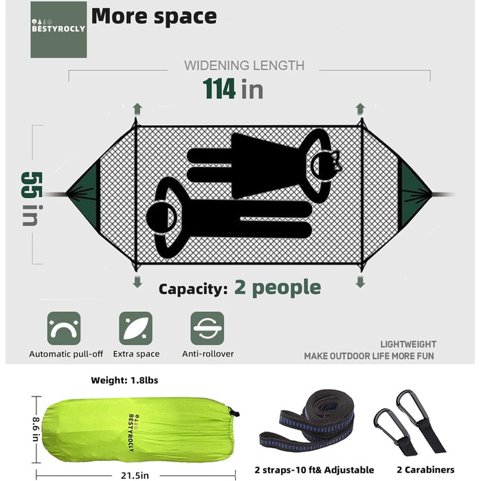 Надлегкий відкритий гамак із москітною сіткою та брезентом Rainfly, кемпінговий гамак на 2 особи, вантажопідйомність 660 фунтів, портативний парашутний нейлоновий гамак для подорожей, піших прогулянок, саду