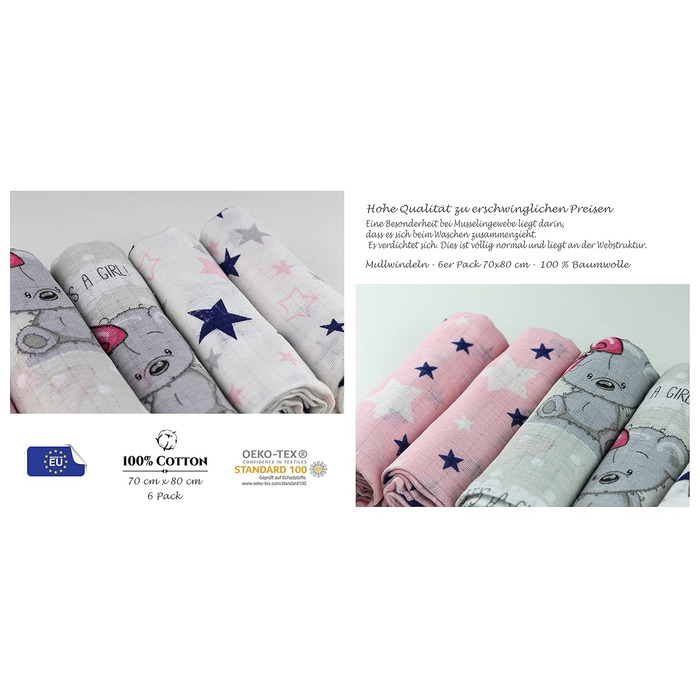 Муслінові серветки - муслінові пелюшки - упаковка 6 70x80 см - тканинні пелюшки, ЗРОБЛЕНІ В ЄС, перевірені на вміст шкідливих речо