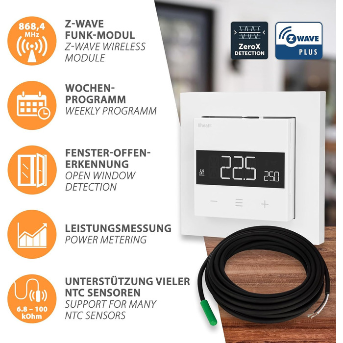 Кімнатний термостат Heatit Z-TRM6 Z-Wave Plus з EXT. Датчик для теплої підлоги електричний і водяний, ІЧ нагрів, колір білий RAL 9003