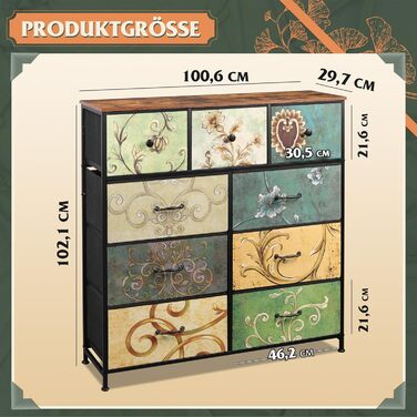 Комод WLIVE з 9 шухлядами з тканини, комод для спальні, комод для вітальні, з міцним сталевим каркасом, вінтажний принт
