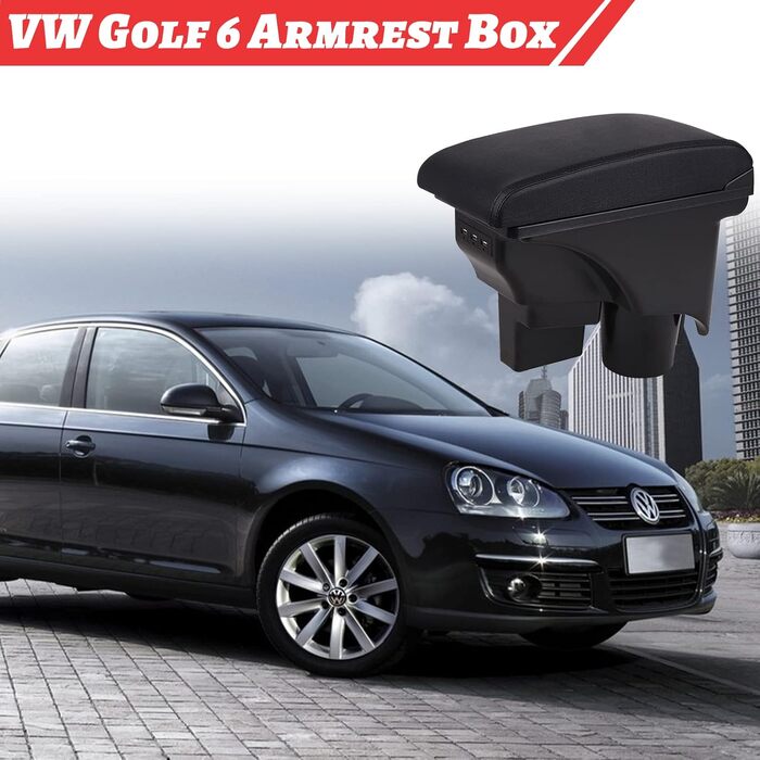 Автомобільний підлокітник сумісний з Golf 6 Mk6 2008-2013 Jetta Mk5 2006-2011 Vento Wagon 2009 2010 Двошарова центральна консоль Великий ящик для зберігання з 3 USB-портами для зарядки Чорна прошивка