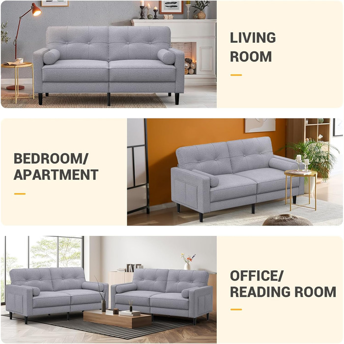 Місний диван, сучасний дизайн з товстими подушками, 2 подушки, зручний лляний диван з 2 відділеннями для зберігання речей для вітальні/спальні/офісу, легко збирається невеликий предмет меблів, класичний сірий, 2-