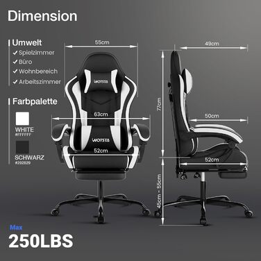 Ігрове крісло, Комп&39ютерне крісло, Ергономічне ігрове крісло з підставкою для ніг, Офісне крісло, Ергономічне комп&39ютерне крісло з поперековою опорою (BLKWT), Чорний/Білий