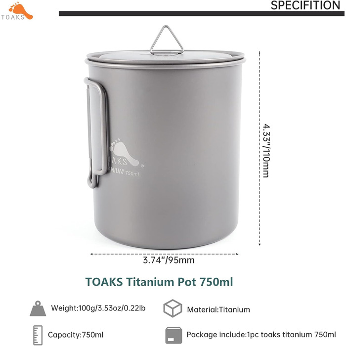 Титановий посуд для кемпінгу TOAKS (375 мл, 450 мл, 550 мл, 650 мл, 700 мл, 750 мл, 900 мл), титановий посуд для пікніка, походів та відпочинку на природі 750 мл POT-750
