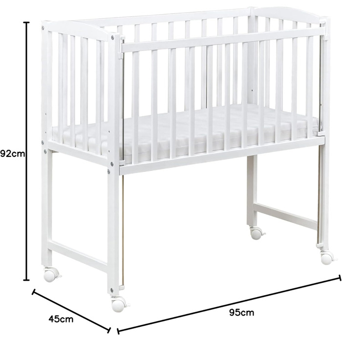 Дитяче ліжечко, біле, 90x40 см, дитяче ліжко/колиска, регульована по висоті, мобільне з колесами та матрацом