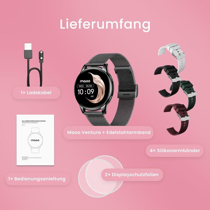 Розумний годинник maoo Ventura для жінок із функцією дзвінків, 1,32-дюймовий AMOLED-дисплей, монітор серцевого ритму, SpO, монітор артеріального тиску, понад 100 спортивних режимів, водонепроникність IP67, 5 браслетів у комплекті (чорний)