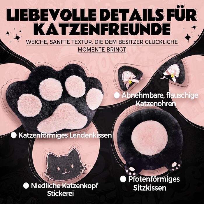 Ергономічне ігрове крісло Dowinx з підставкою для ніг, ігрове крісло з тканини &quotкотяча лапа&quot, дизайн сидіння без крил, регульоване ігрове та комп&39ютерне крісло, рожеве ігрове крісло з котячою лапою, для дорослих, рожево-чорне