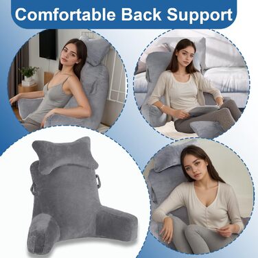 Подушка для читання на ліжко, 90 x 80 см (ДxВ), XXL спинна подушка для диванів для дорослих з підлокітниками та знімним потиличним валиком, спинка для читання з кишенею для ліжка, дивана, підлоги та стільця, світло-сіра