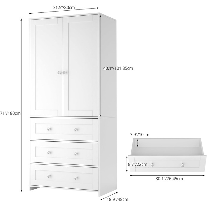Шафа VOWNER, 2-дверна шафа, шафа для передпокою з великим місцем для зберігання, універсальна шафа з розсувними дверима та 3 шухлядами, шафа для спальні, для спальні, білий, 80x180x48 см (Ш/В/Г)