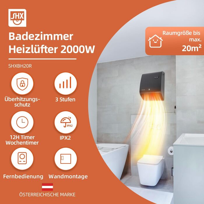 Вентиляторний обігрівач для ванної кімнати SHX 2000 Вт Термостат з пультом дистанційного керування Водонепроникний Безпечний для використання у ванній кімнаті, чорний