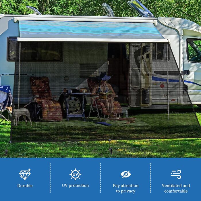 Сонячний тент для автофургона, вітропроникна передня панель 2,44 м x 3,8 м для тенту, універсальний екран для забезпечення конфіденційності з повним комплектом, захист від сонця 86, захист від вітру та дощу
