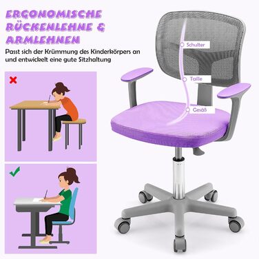 Дитяче письмове крісло FANTASK 80-91,5 см, регульоване молодіжне крісло зі спинкою та підлокітниками, обертове дитяче письмове крісло, фіолетове