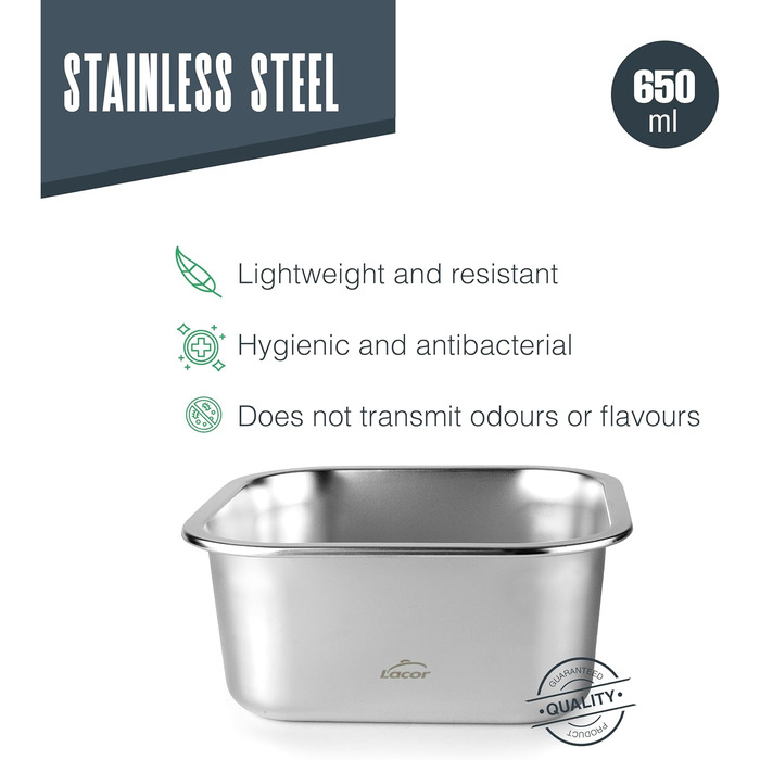 Контейнер для харчових продуктів квадратний, нержавіюча сталь 18/10, 650 мл. Підходить для мікрохвильової печі, духовки, морозильної камери та посудомийної машини, герметичний, з 4 затискачами, не містить BPA., 64613 Ecoinox