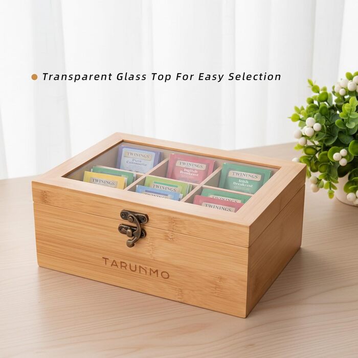 Чайна коробка, бамбук, 6 відділень, чайна скринька з оглядовим віконцем, органайзер для чайних пакетиків, ВxШxГ приблизно 22 x 16 x 9 см, натуральний колір, (1-221609)