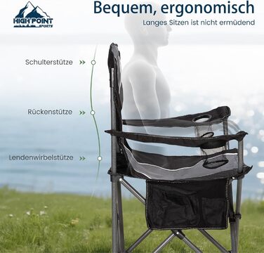 Складане кемпінгове крісло HIGH POINT SPORTS, Рибальське крісло, Розкладне, Вантажопідйомність 160 кг, Розкладне крісло з підлокітниками, Підставка для напоїв, Сталева рама, Портативне кемпінгове крісло, Чорне/Сіре