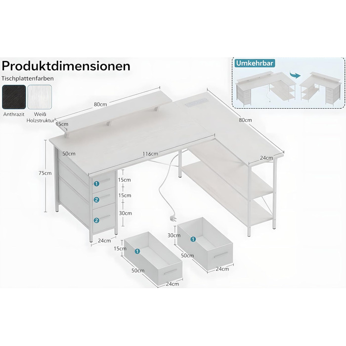 Г-подібний письмовий стіл з 3 тканинними шухлядами, 140 x 80 см. Двосторонній кутовий письмовий стіл з підставкою для монітора, розеткою та USB-портом для зарядки для домашнього офісу, чорний.