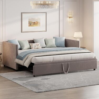 Диван-ліжко шириною 200 см, розкладний диван-ліжко, настінне ліжко з диваном, ліжко-мерфі 90/180 x 200 см, м&39яка розкладна кушетка з рейковим каркасом, двоспальне ліжко, оксамитова тканина, без матраца (сірий) Сірий 01