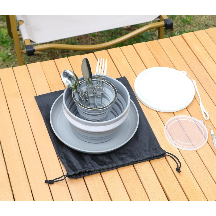 Набір тарілок та мисок для кемпінгу на 1 особу - Складані портативні тарілки та миски, набір столових приборів для подорожей та активного відпочинку